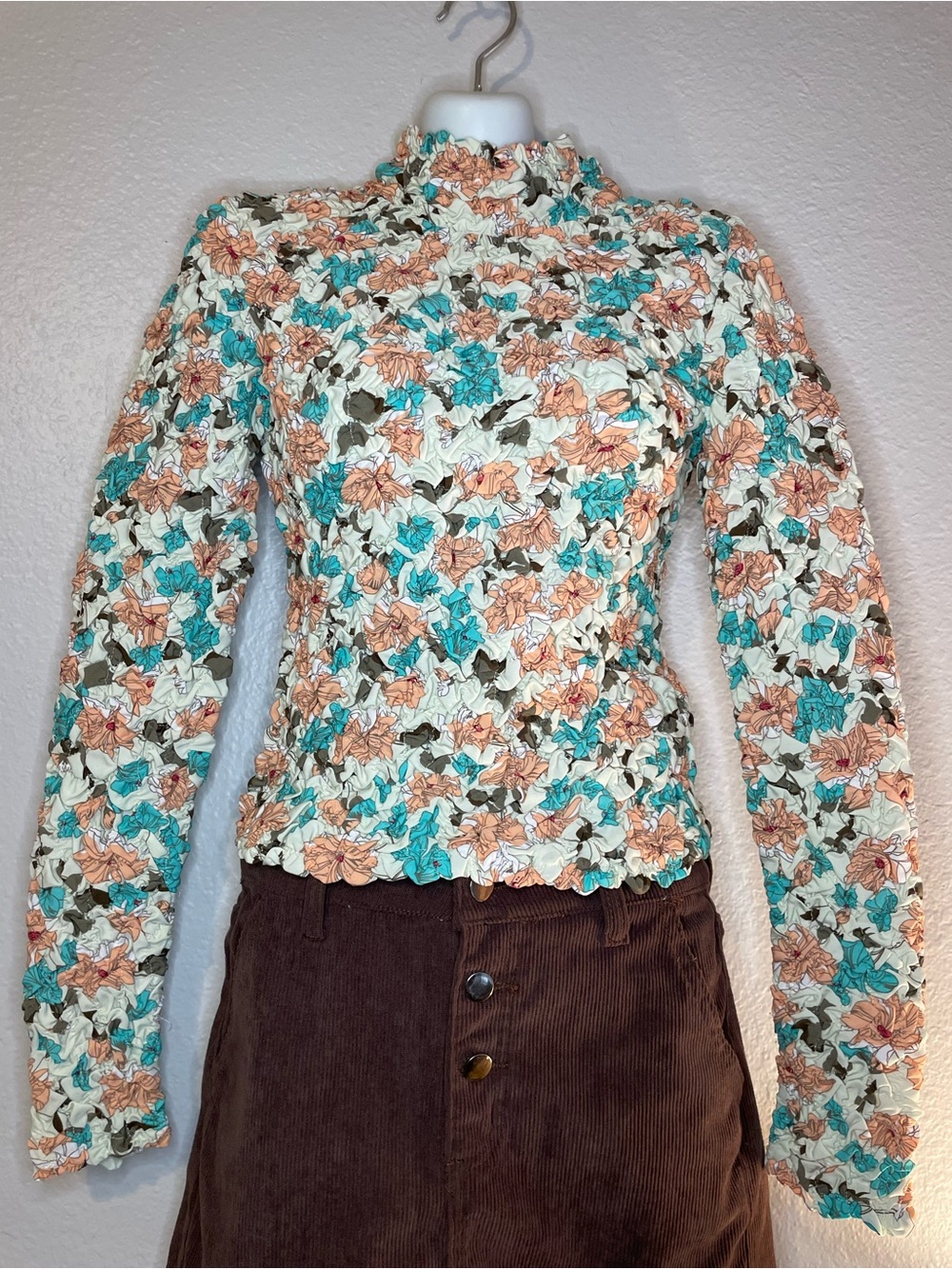 Women's Floral Mock Neck Long-Sleeve Top - Cream, Teal & Peach